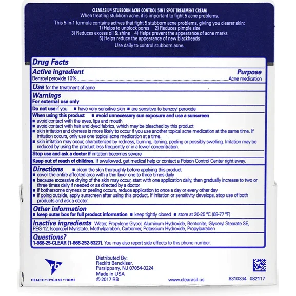 Clearasil Stubborn Acne Control 5-in-1 Cream 10% Benzoyl Peroxide 1 oz - Image 3