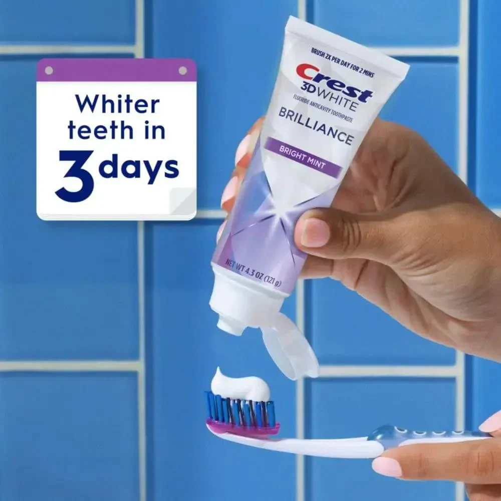 Crest 3D White Brilliance Bright Mint Teeth Whitening Toothpaste, 4.3 Oz Pack of 3, 100% More Surface Stain Removal, 24 Hour Active Stain Prevention, Whiter Teeth in 3 Days - Image 5