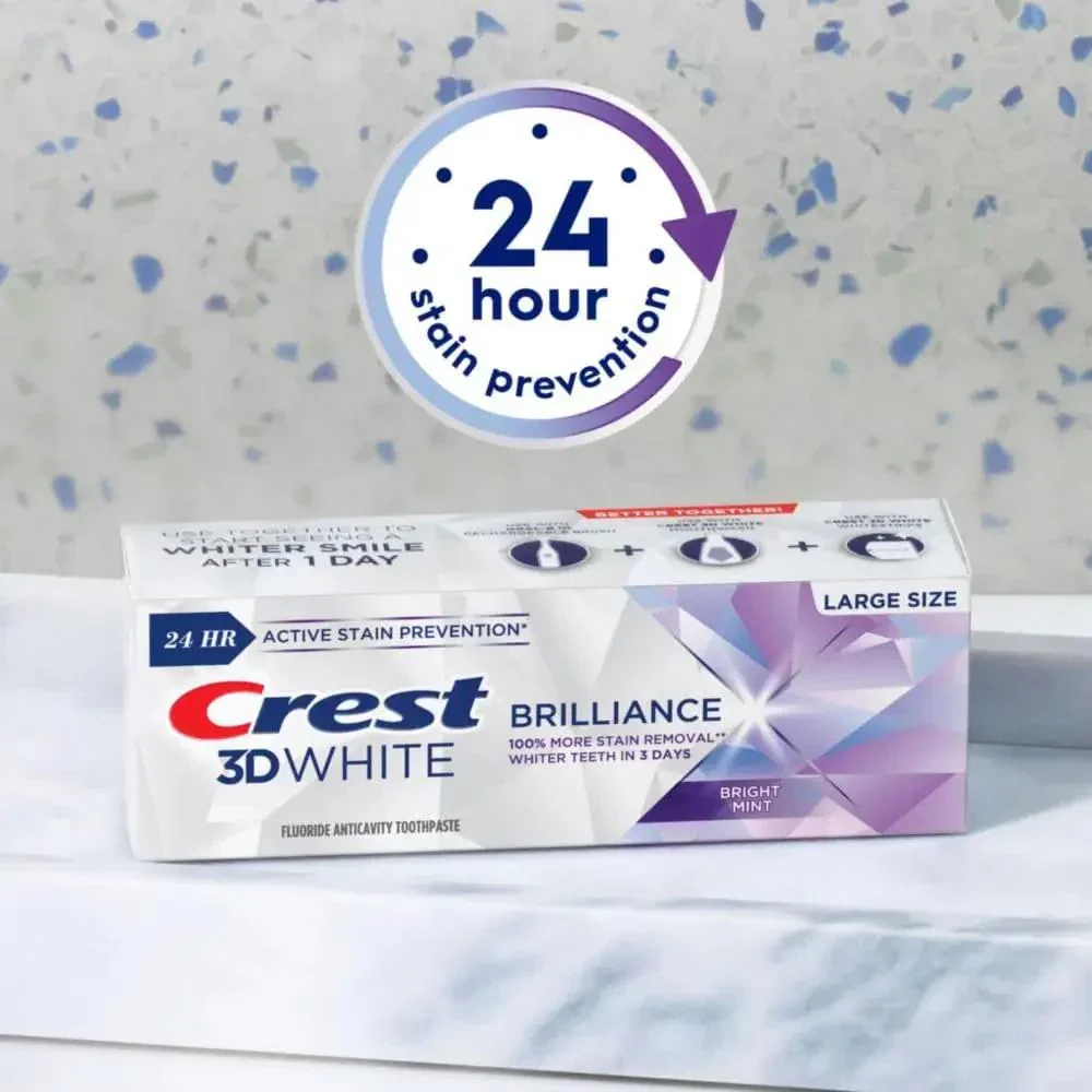 Crest 3D White Brilliance Bright Mint Teeth Whitening Toothpaste, 4.3 Oz Pack of 3, 100% More Surface Stain Removal, 24 Hour Active Stain Prevention, Whiter Teeth in 3 Days - Image 6