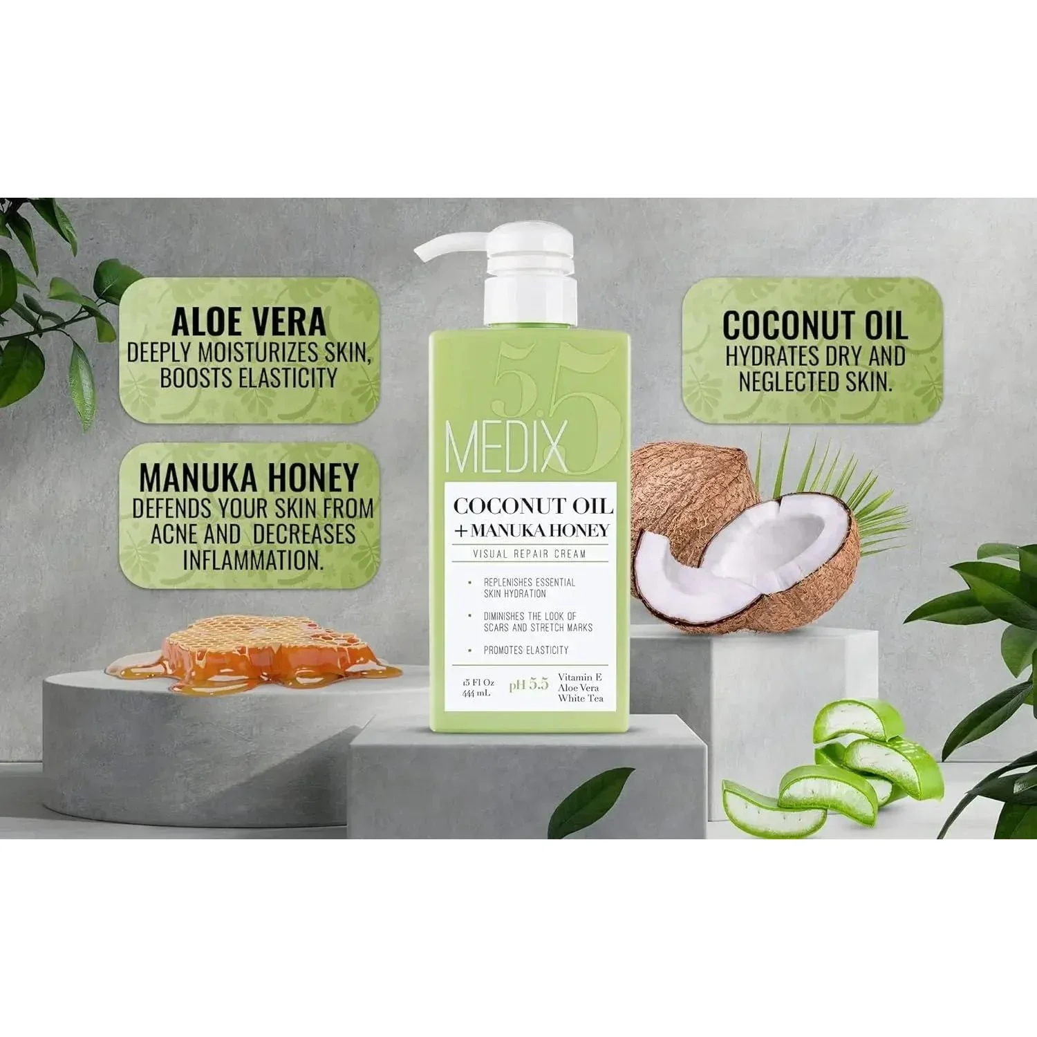 Medix 5.5 Coconut Oil Lotion Skin Care Body & Face Moisturizer Cream, W/Manuka Honey, Vitamin E, & Aloe Vera Helps Visually Repair Dry Skin, Scars, Stretch Marks, & Wrinkles, 444 Ml - Image 3