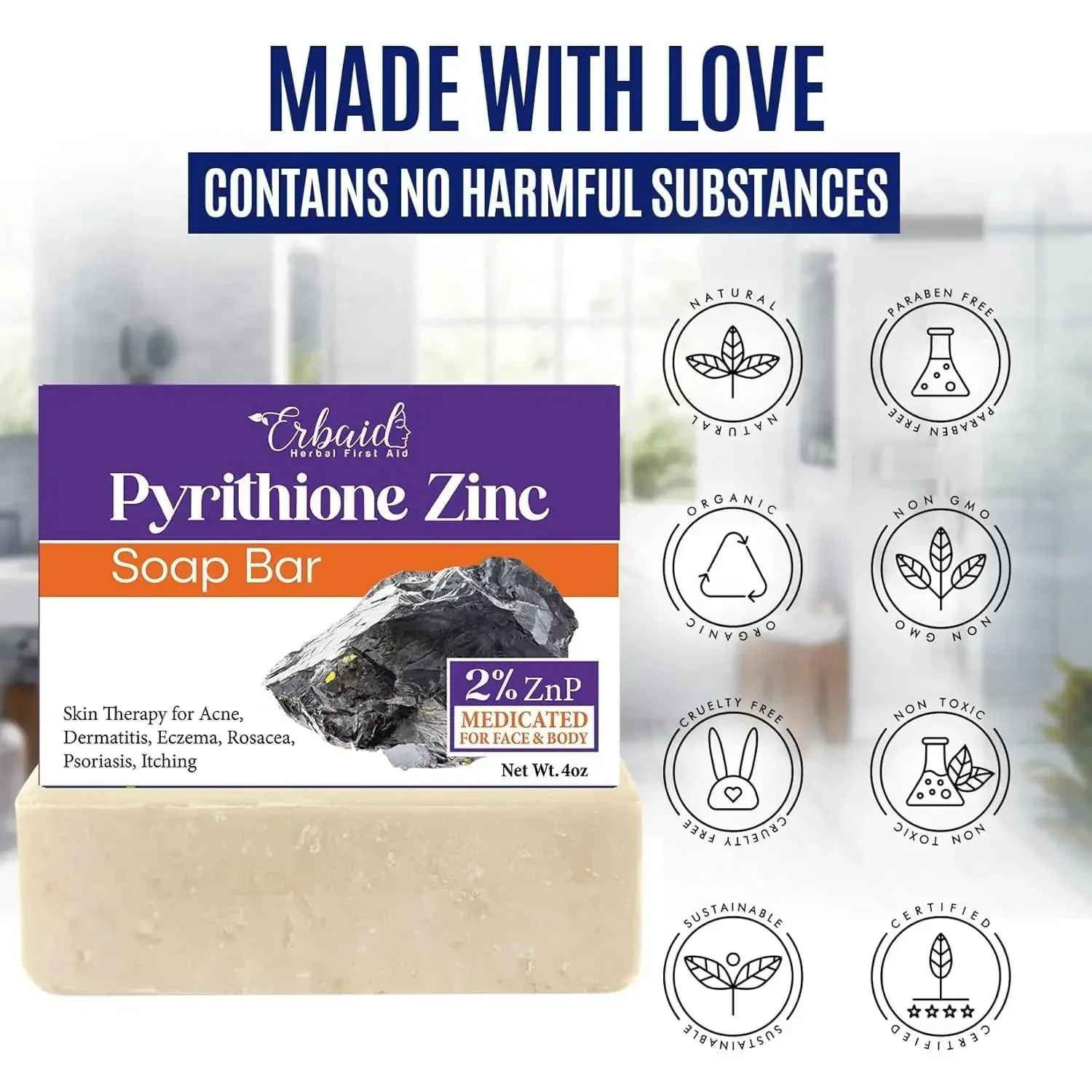 Erbaid 2% Pyrithione Zinc Soap Bar Face & Body 4 oz - Image 3
