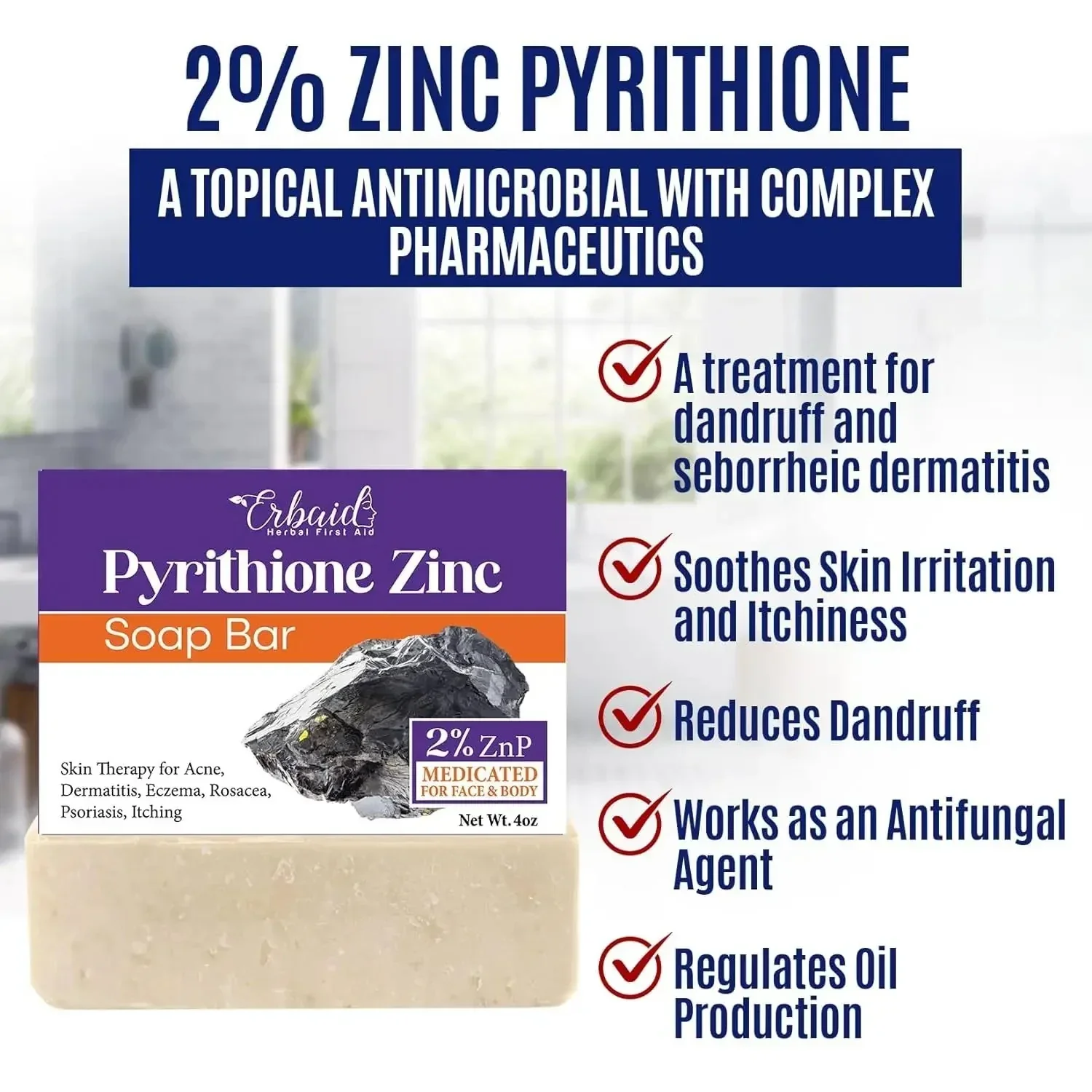 Erbaid 2% Pyrithione Zinc Soap Bar Face & Body 4 oz - Image 4